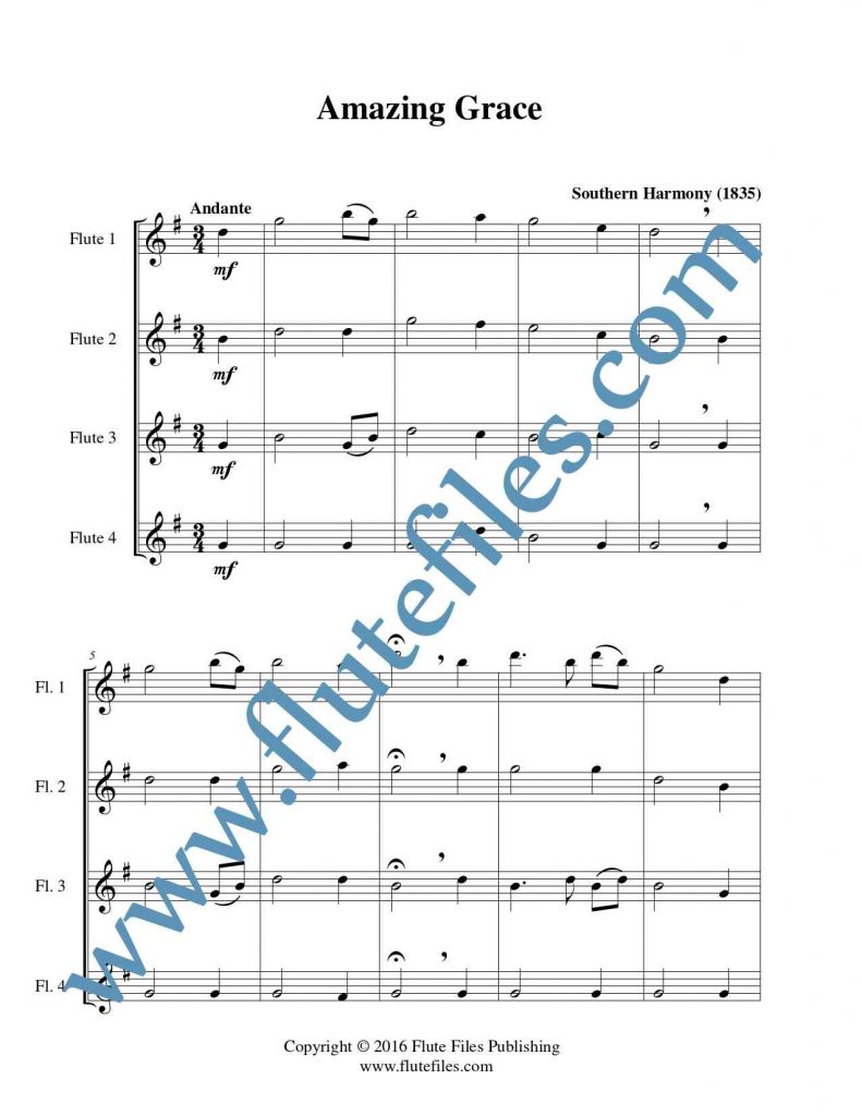 Amazing Grace flute quartet sheet music