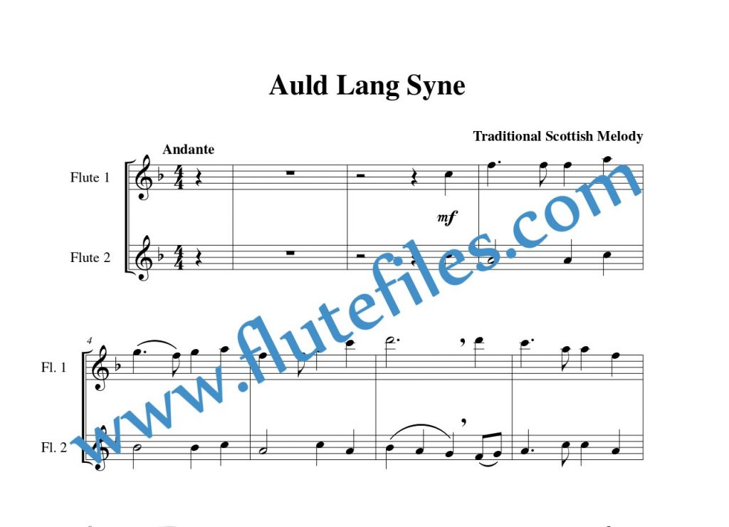 Flute part for Auld Lang Syne flute duet and piano sheet music