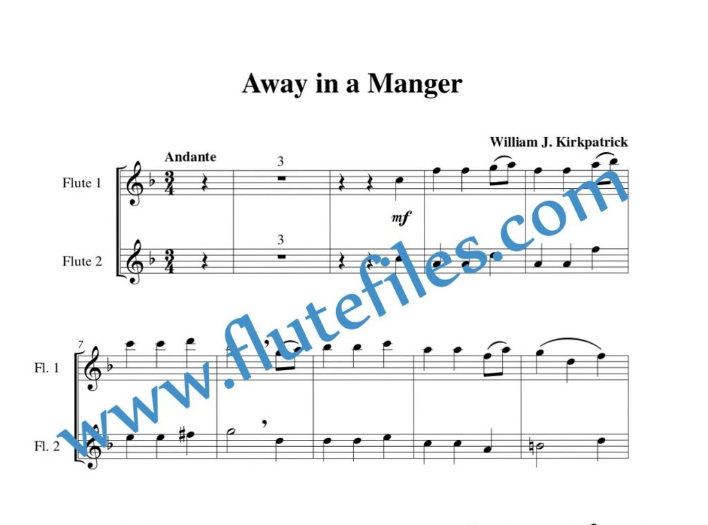 Flute part for Away in a Manger (Kirkpatrick) flute duet and piano sheet music