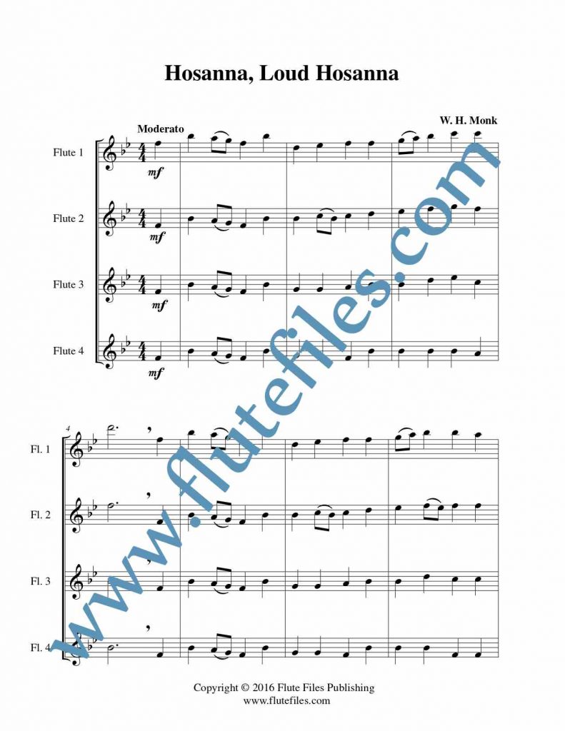Hosanna, Loud Hosanna flute quartet sheet music