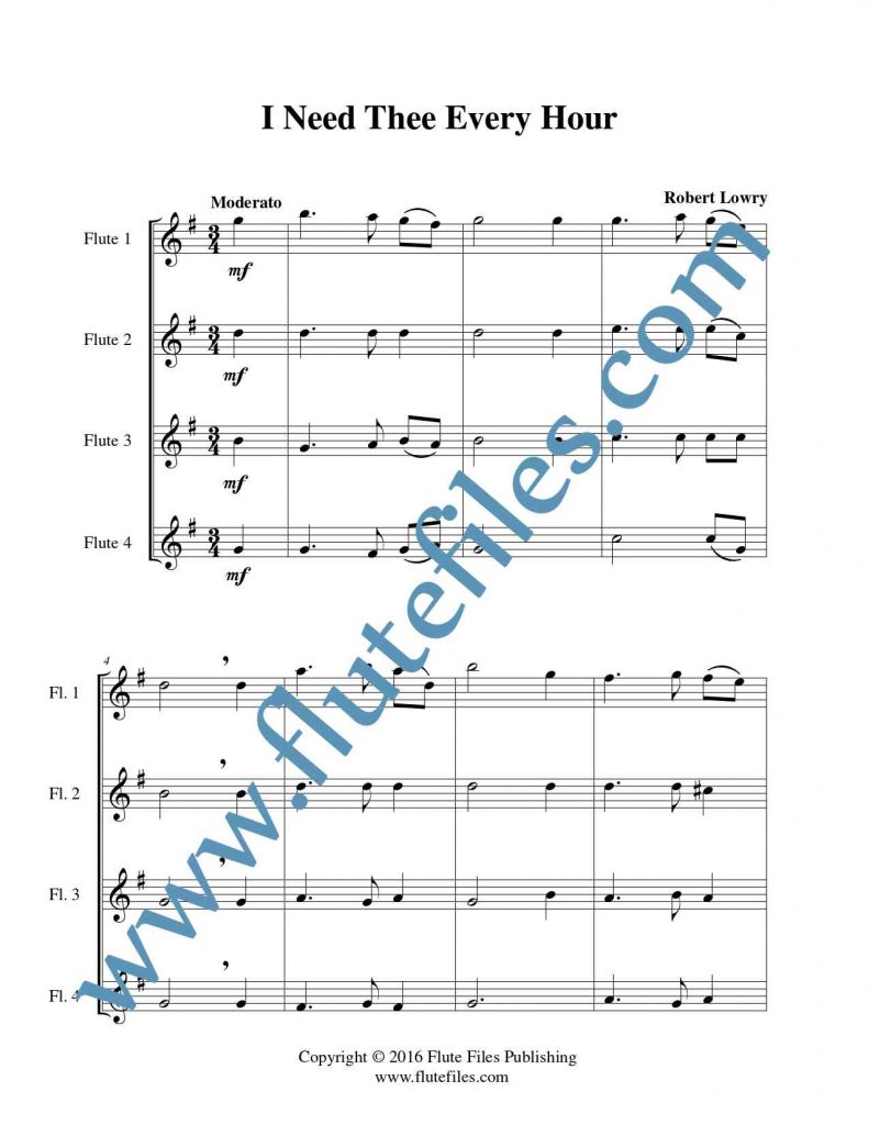 I Need Thee Every Hour flute quartet sheet music
