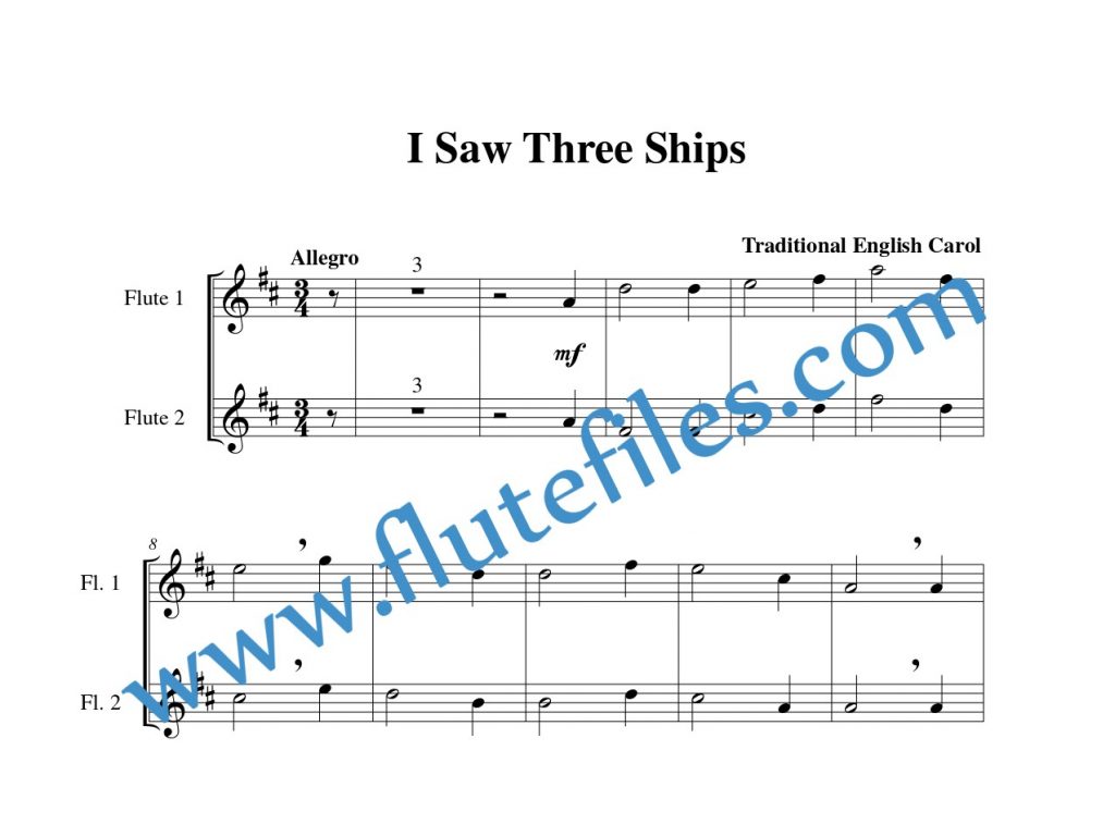 Flute part for I Saw Three Ships flute duet and piano sheet music