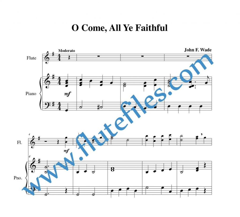 Piano accompaniment part for O Come, All Ye Faithful flute duet and piano sheet music