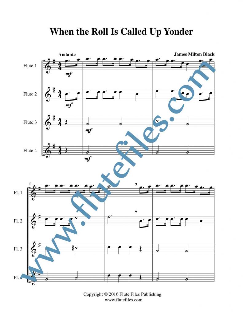 When the Roll Is Called Up Yonder flute quartet sheet music