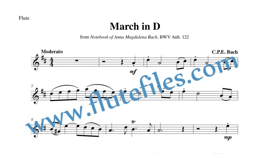 Flute part for March in D flute solo sheet music by C.P.E. Bach