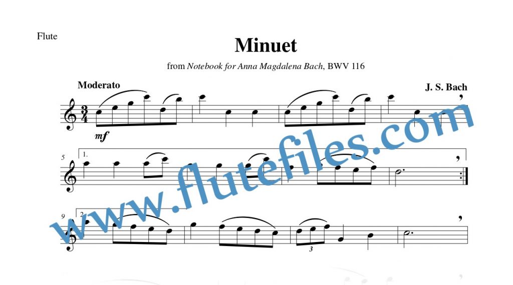 Flute part for Minuet, BWV 116 flute solo sheet music by Bach