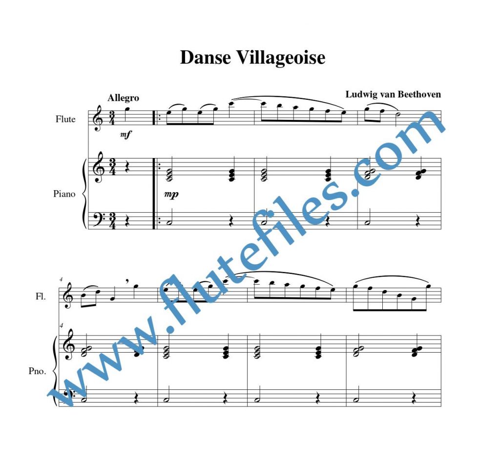 Piano accompaniment part for Danse Villageoise flute solo sheet music by Beethoven