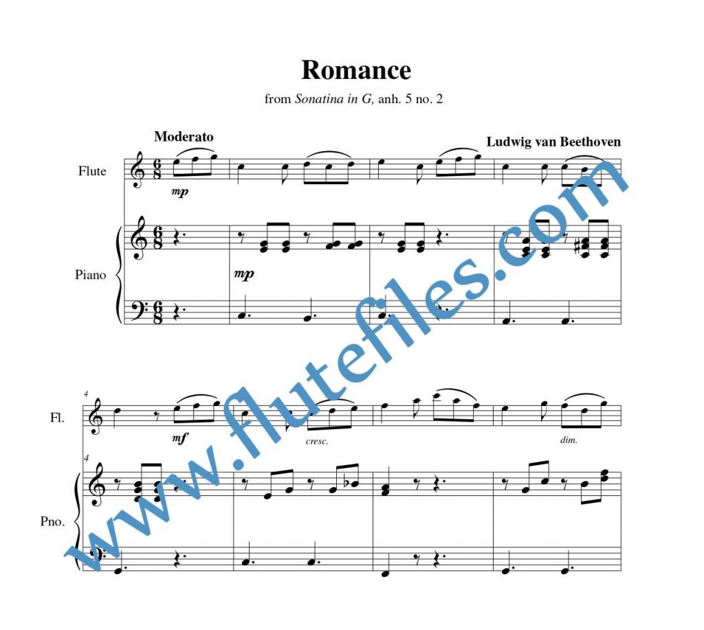 Piano accompaniment part for Romance flute solo sheet music by Beethoven
