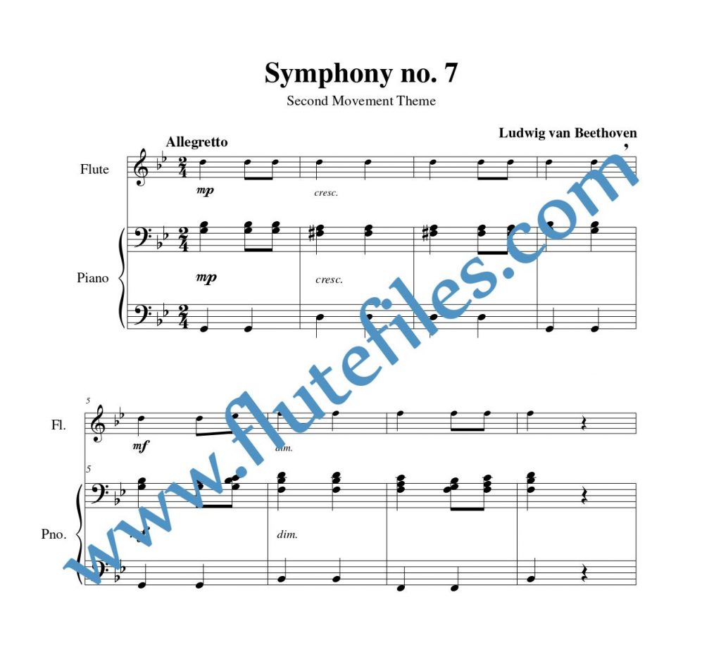 Piano accompaniment part for Symphony no. 7 Theme flute solo sheet music by Beethoven