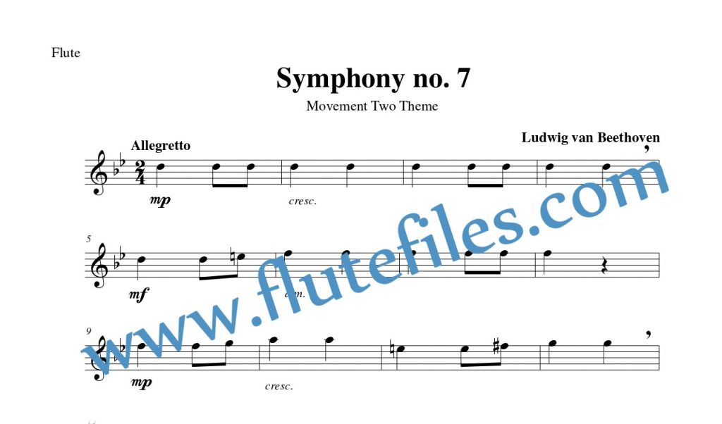 Flute part for Symphony no. 7 Theme flute solo sheet music by Beethoven