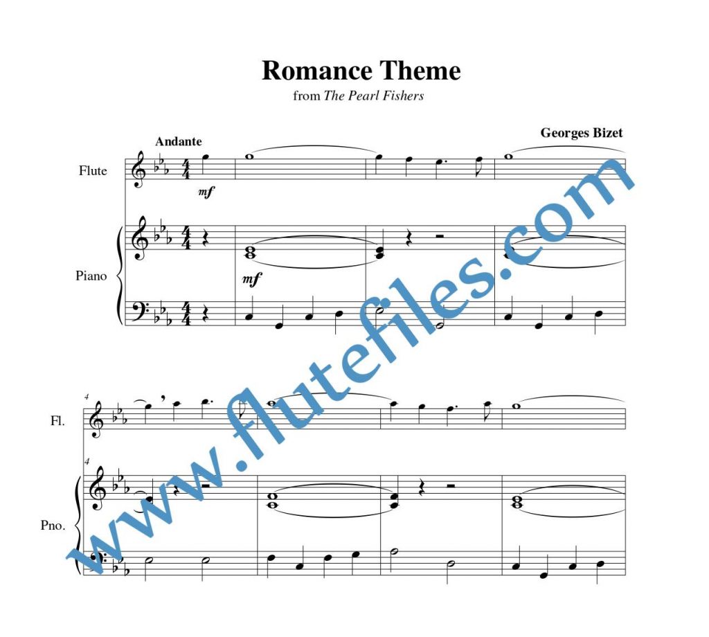 Piano accompaniment part for Romance Theme flute solo sheet music by Bizet