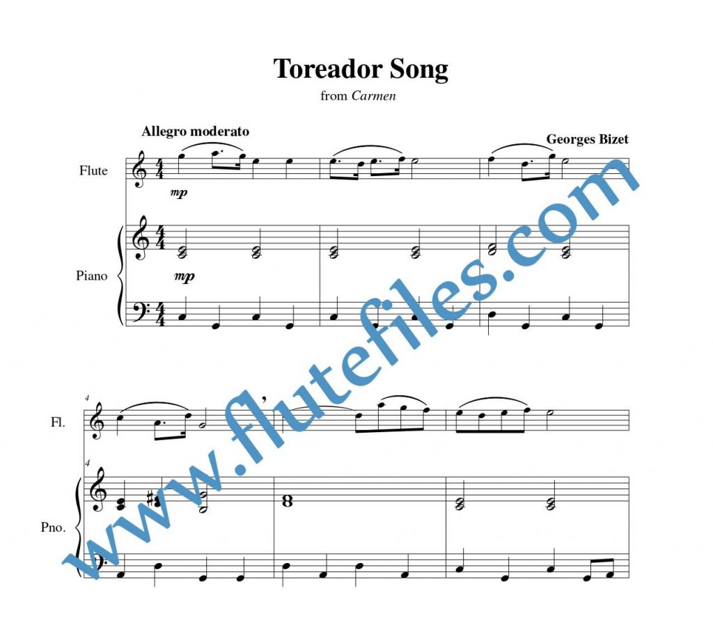 Piano accompaniment part for Toreador Song flute solo sheet music by Bizet