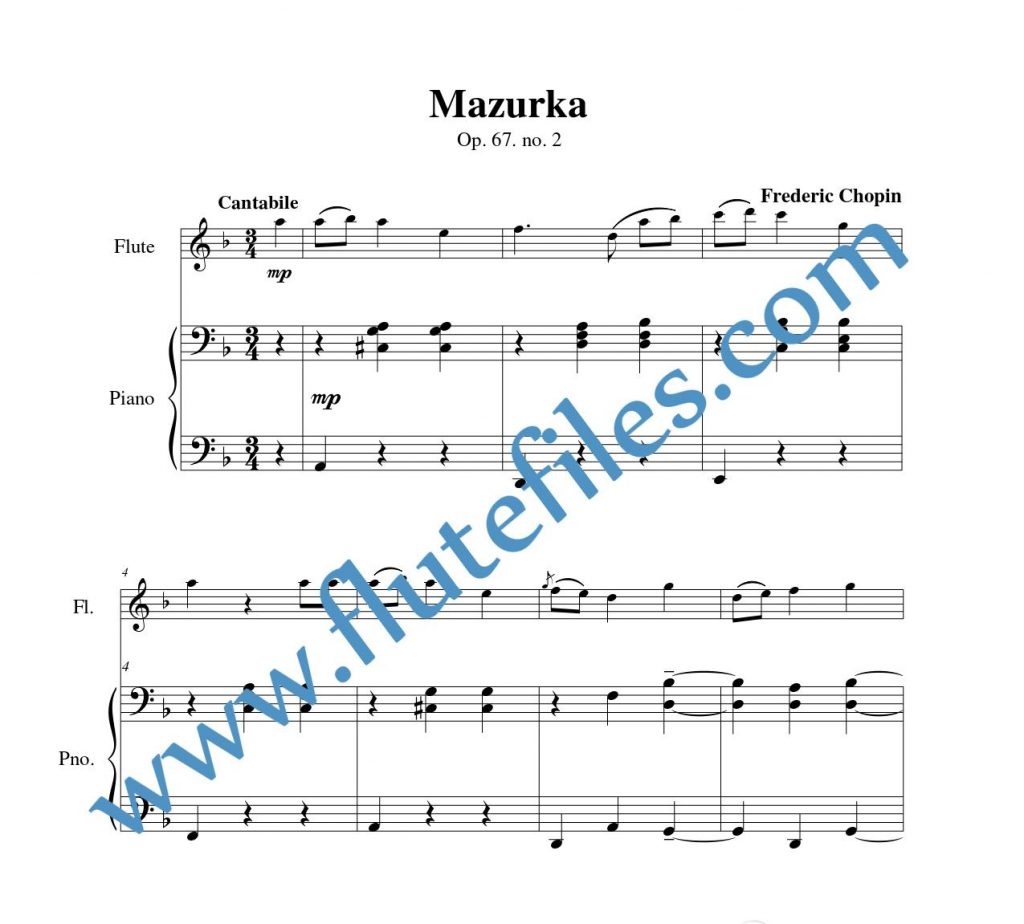 Piano accompaniment part for Mazurka, op. 67 no. 2 flute solo sheet music by Chopin