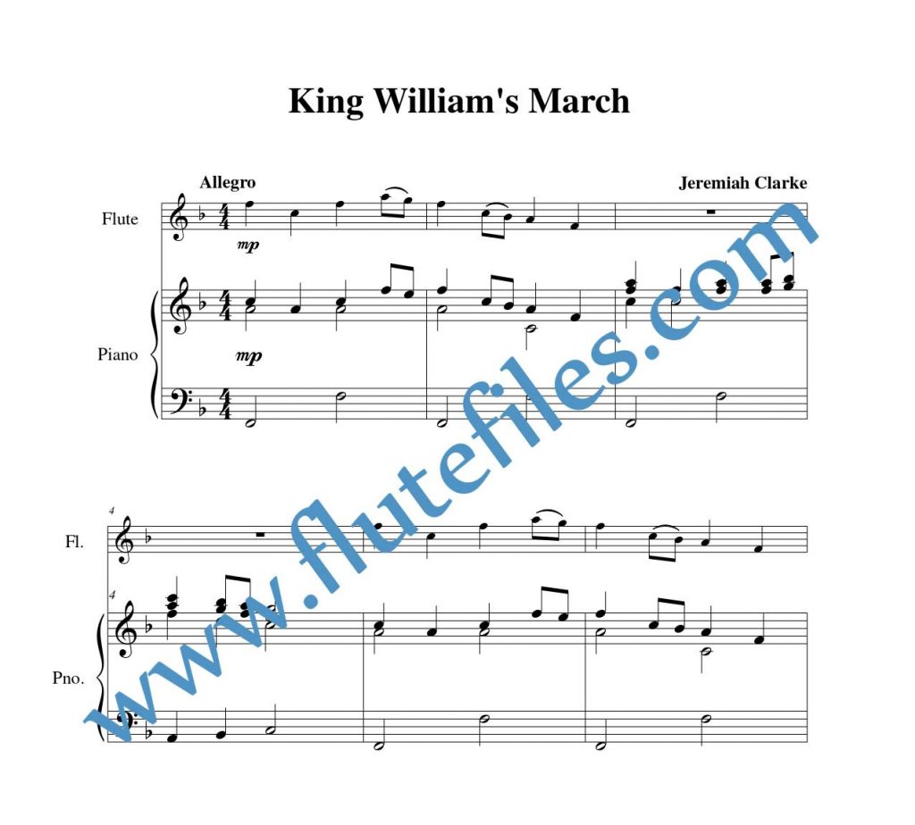 Piano accompaniment part for King William's March flute solo sheet music by Clarke