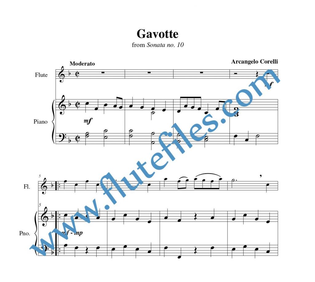 Piano accompaniment part for Gavotte, op. 5 no. 10 flute solo sheet music by Corelli