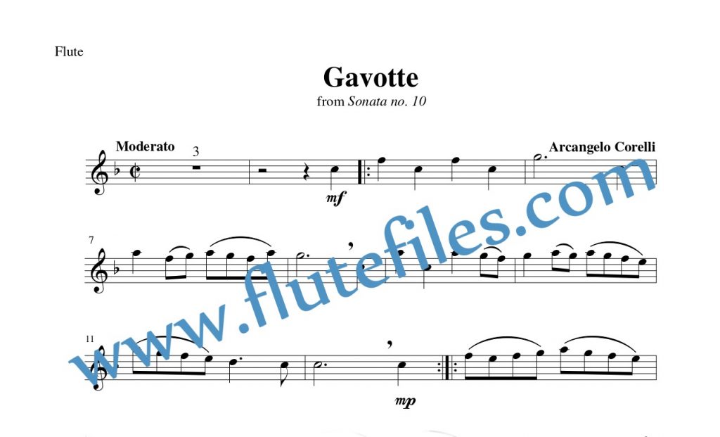 Flute part for Gavotte, op. 5 no. 10 flute solo sheet music by Corelli