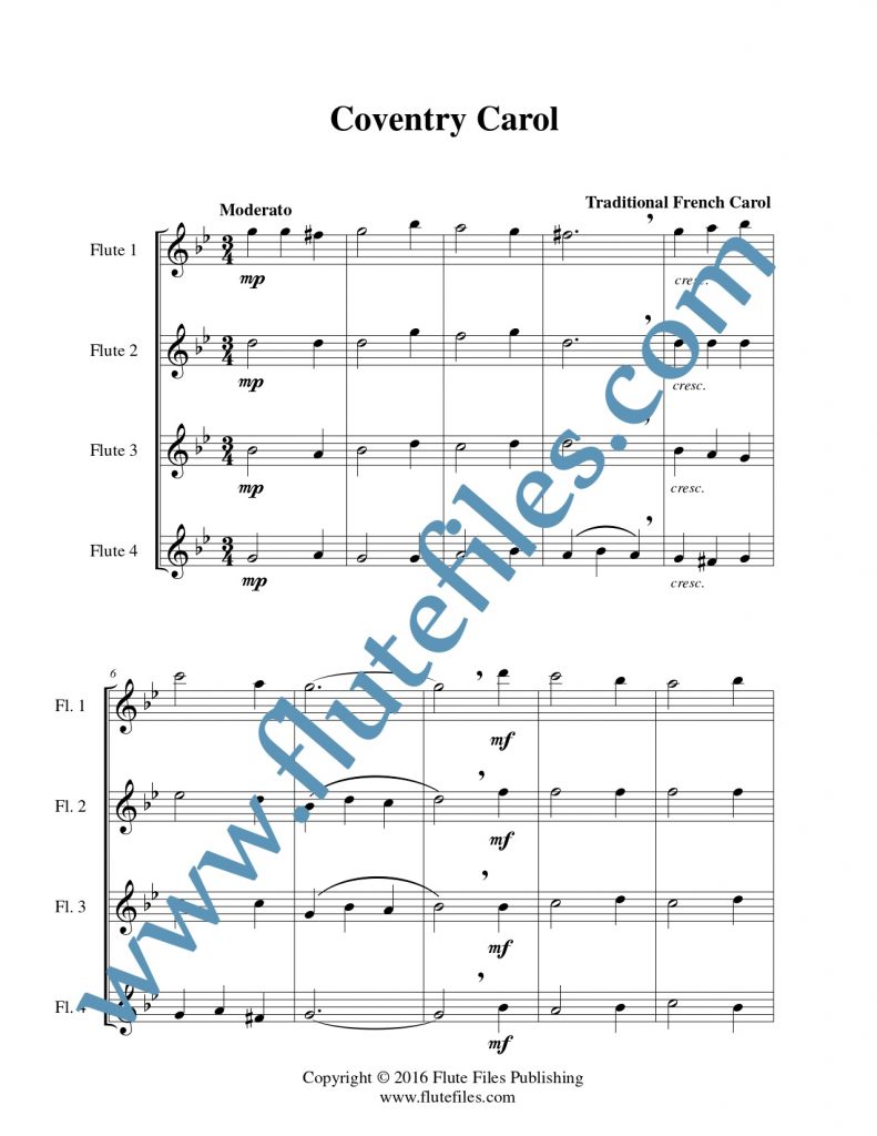 Coventry Carol flute quartet sheet music