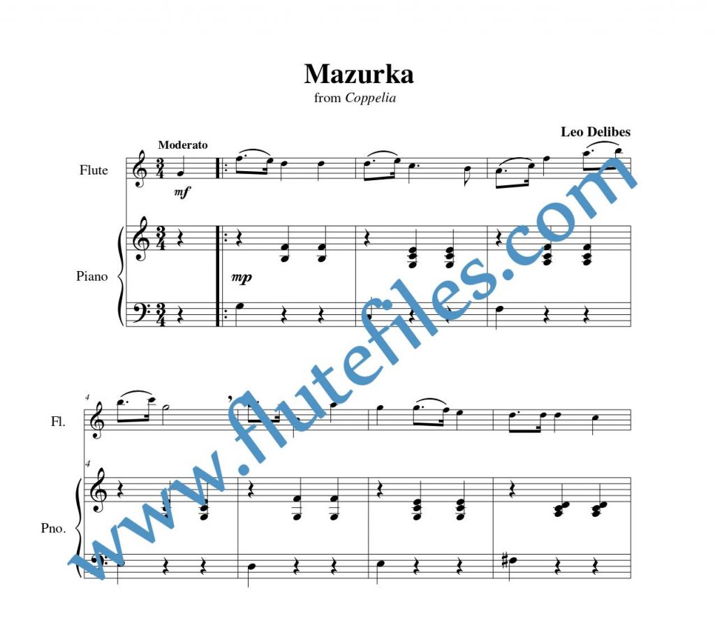 Piano accompaniment part for Mazurka flute solo sheet music by Delibes