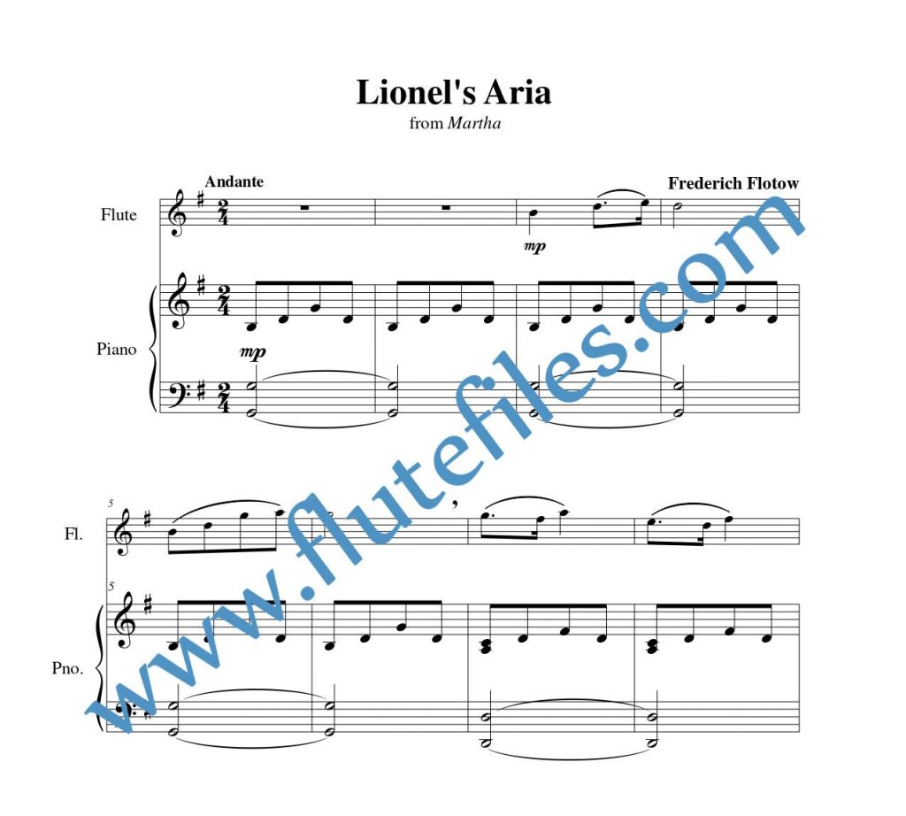 Piano accompaniment part for Lionels Aria flute solo sheet music by Flotow