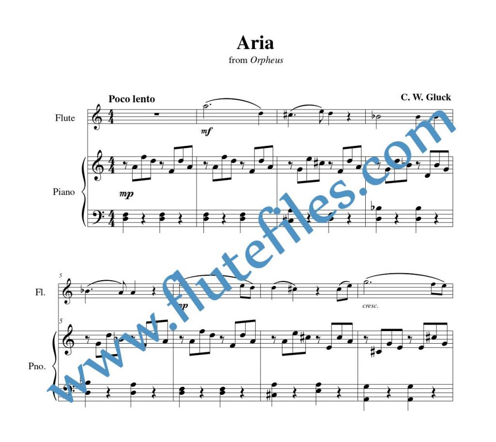 Piano accompaniment part for Aria from Orpheus flute solo sheet music by Gluck