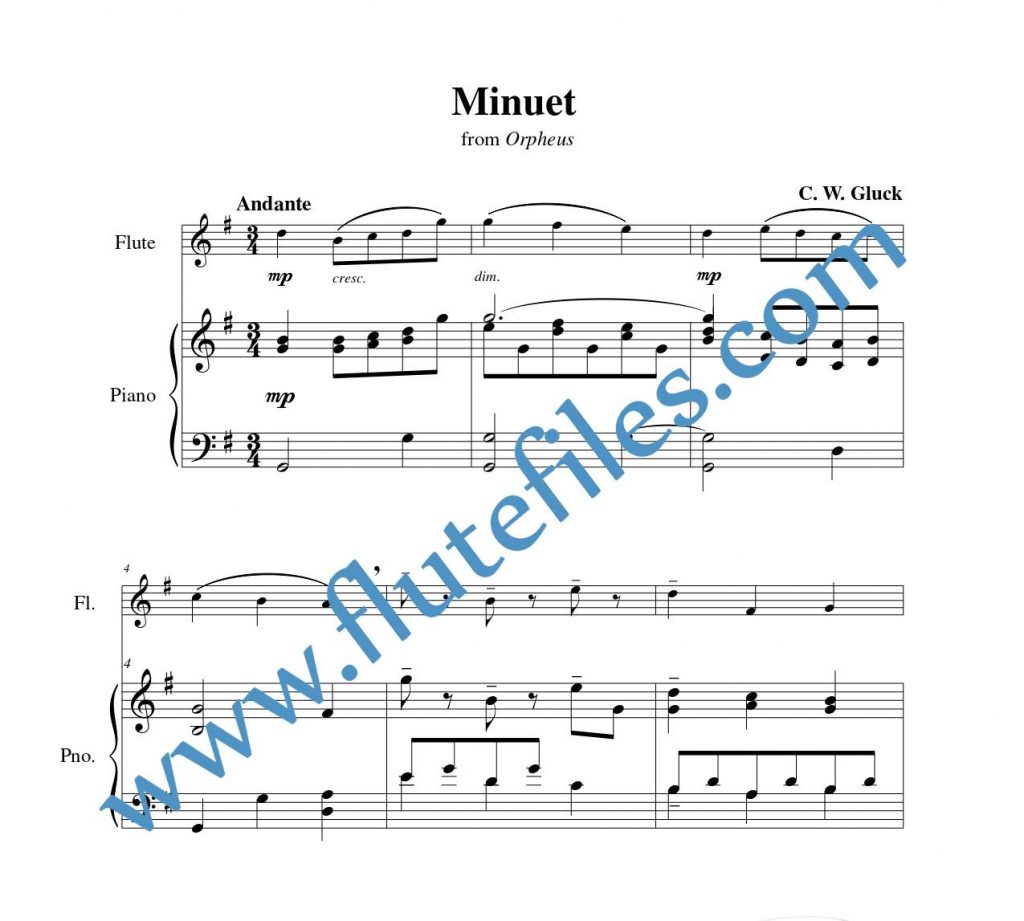 Piano accompaniment part for Minuet from Orpheus flute solo sheet music by Gluck