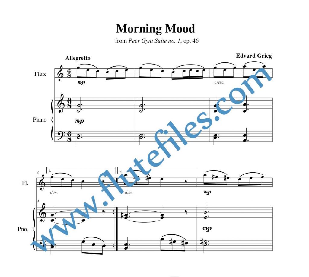 Piano accompaniment part for Morning Mood flute solo sheet music by Grieg