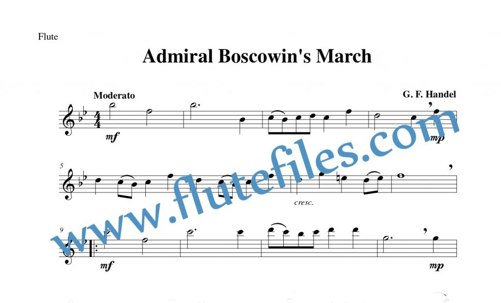 Flute part for Admiral Boscowin’s March flute solo sheet music by Handel