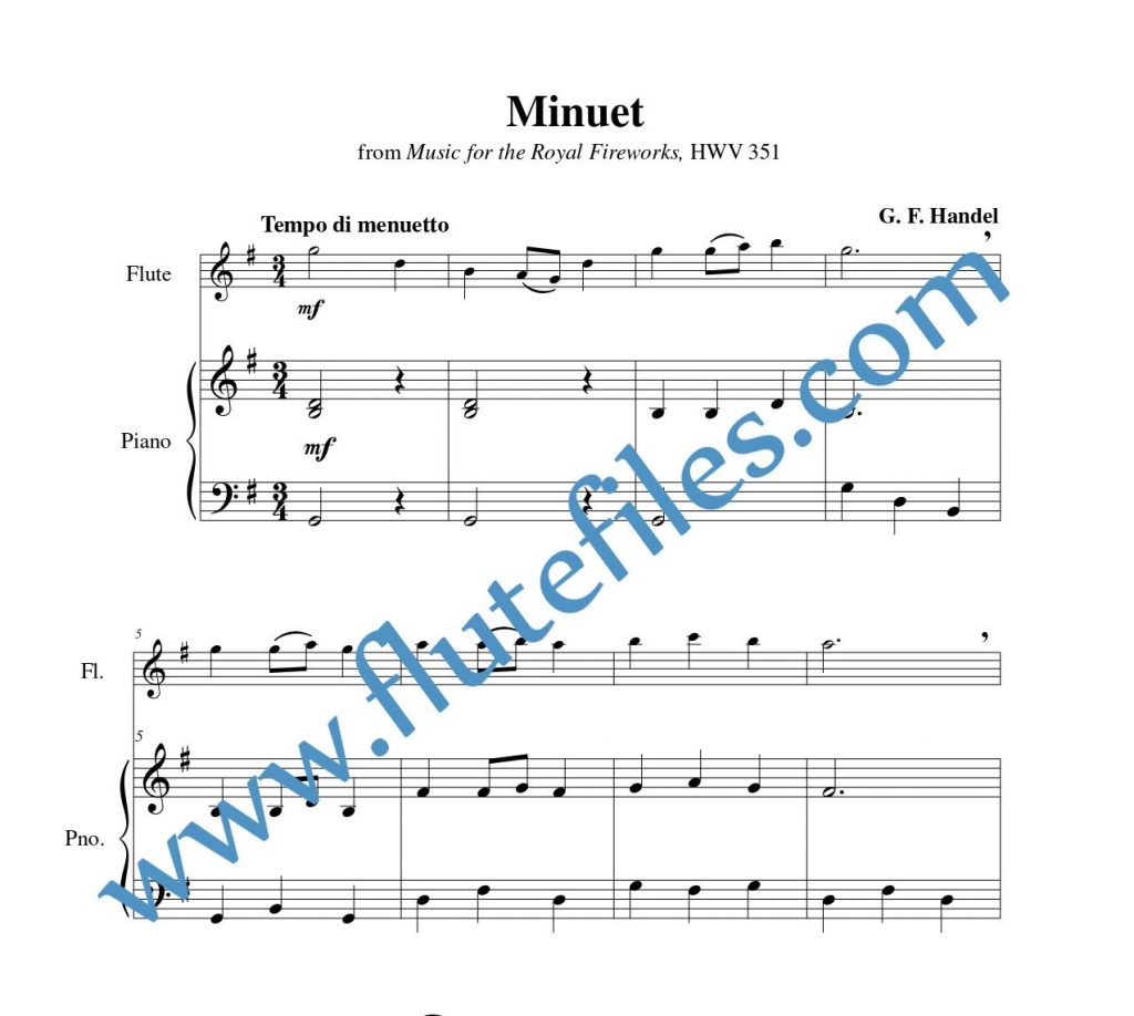 Piano accompaniment part for Minuet, HWV 351 flute solo sheet music by Handel