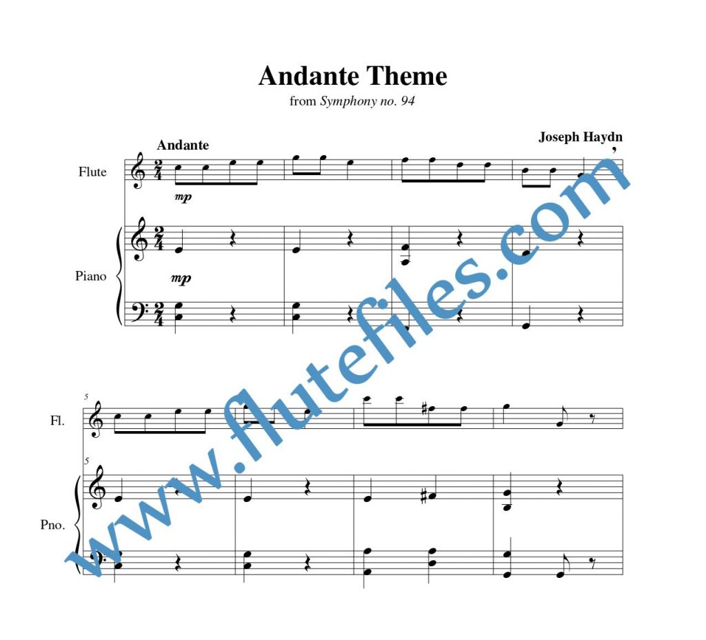 Piano accompaniment part for Andante Theme flute solo sheet music by Haydn