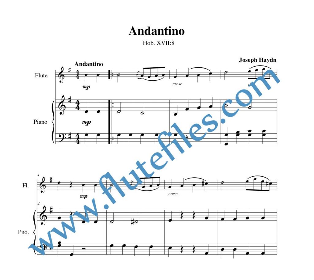 Piano accompaniment part for Andantino, Hob. XVII:8 flute solo sheet music by Haydn