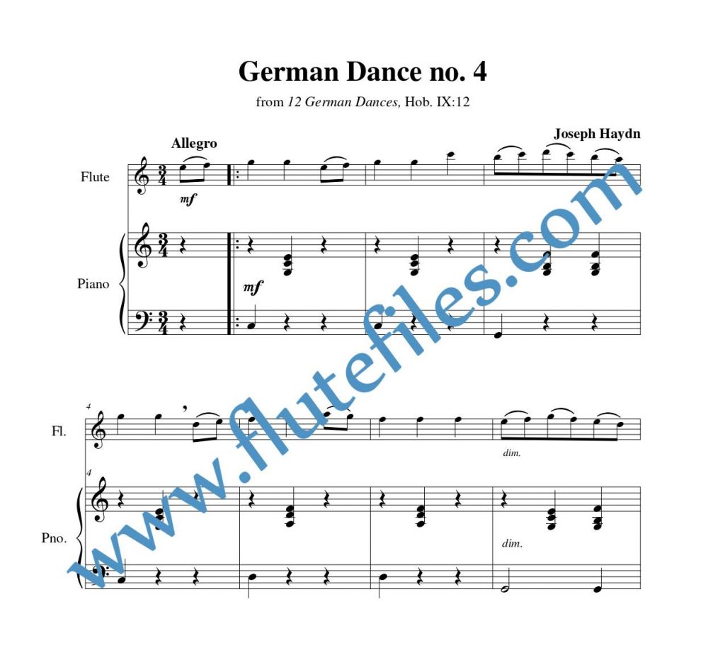 Piano accompaniment part for German Dance, Hob. IX:12 no. 4 flute solo sheet music by Haydn