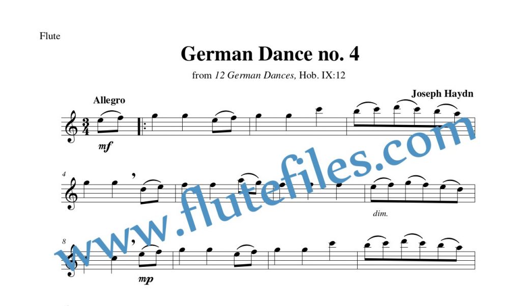 Flute part for German Dance, Hob. IX:12 no. 4 flute solo sheet music by Haydn