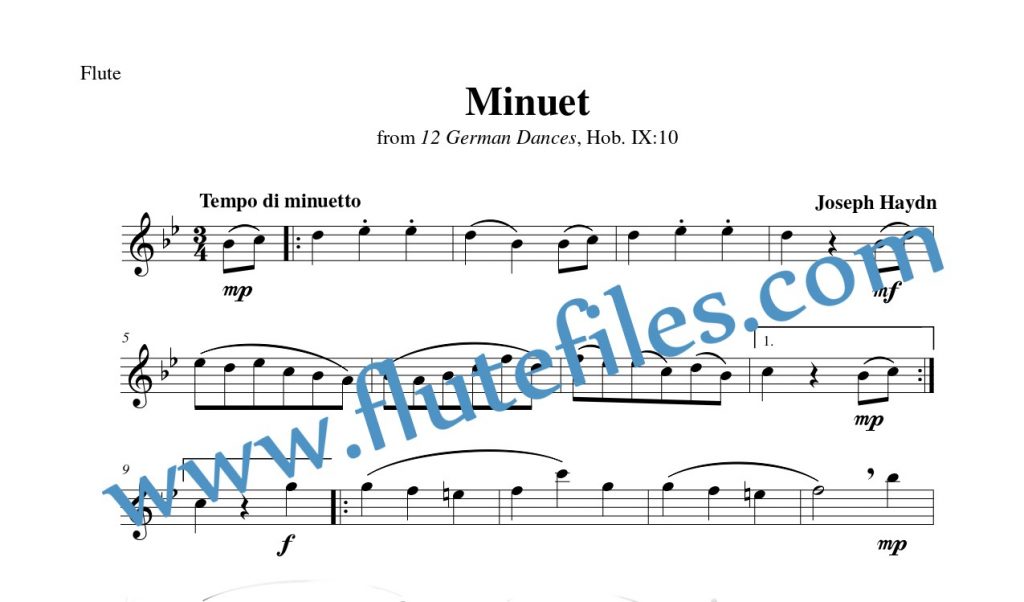 Flute part for Minuet, Hob. IX:10 flute solo sheet music by Haydn