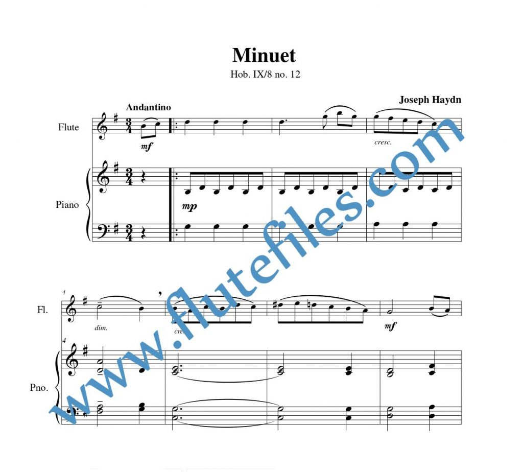 Piano accompaniment part for Minuet, Hob. IX:8 flute solo sheet music by Haydn