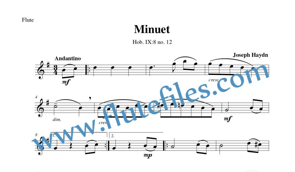 Flute part for Minuet, Hob. IX:8 flute solo sheet music by Haydn