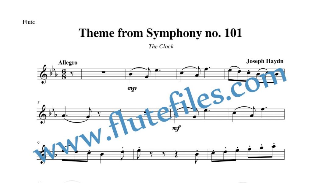 Flute part for Symphony no. 101 Theme flute solo sheet music by Haydn