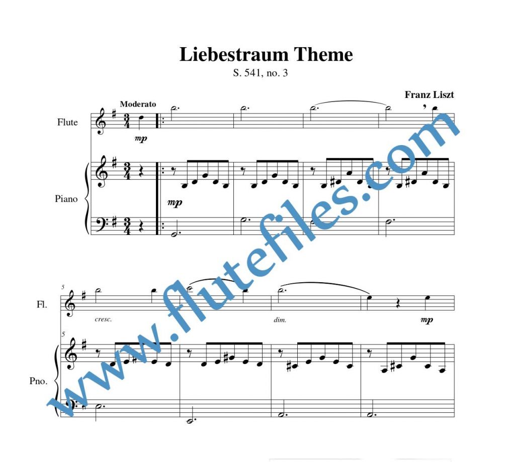 Piano accompaniment part for Liebestraum Theme flute solo sheet music by Liszt