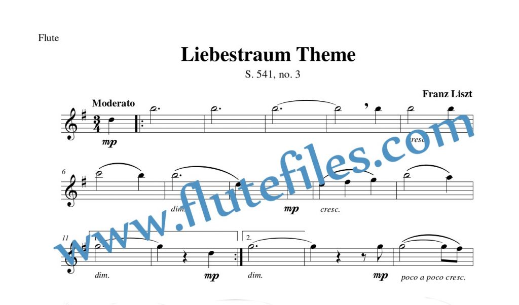 Flute part for Liebestraum Theme flute solo sheet music by Liszt