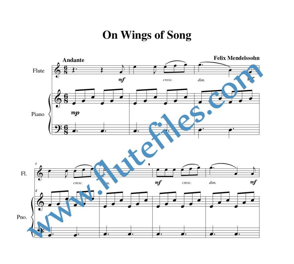 Piano accompaniment part for On Wings of Song flute solo sheet music by Mendelssohn