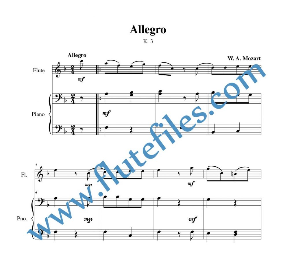 Piano accompaniment part for Allegro, K. 3 flute solo sheet music by Mozart