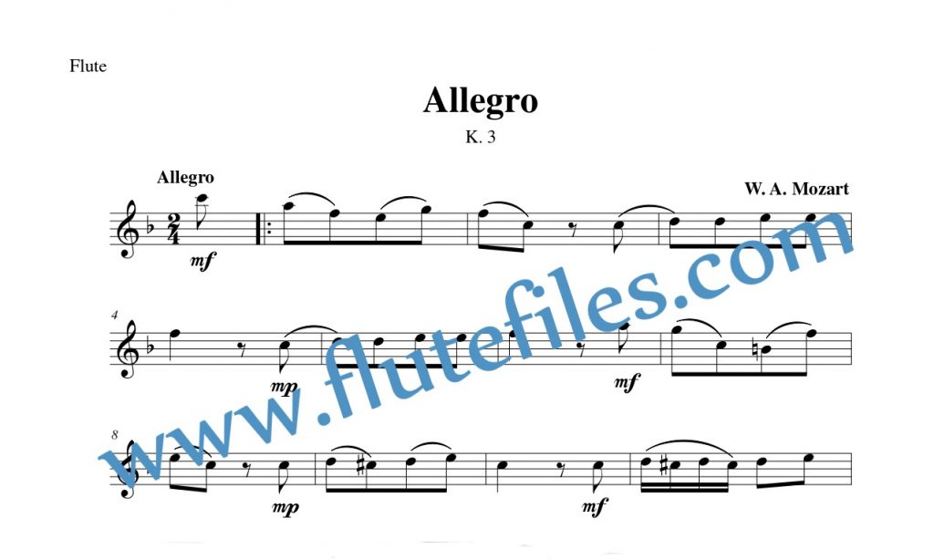 Flute part for Allegro, K. 3 flute solo sheet music by Mozart