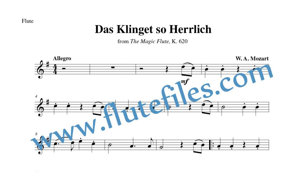 Flute part for Das Klinget so Herrlich flute solo sheet music by Mozart