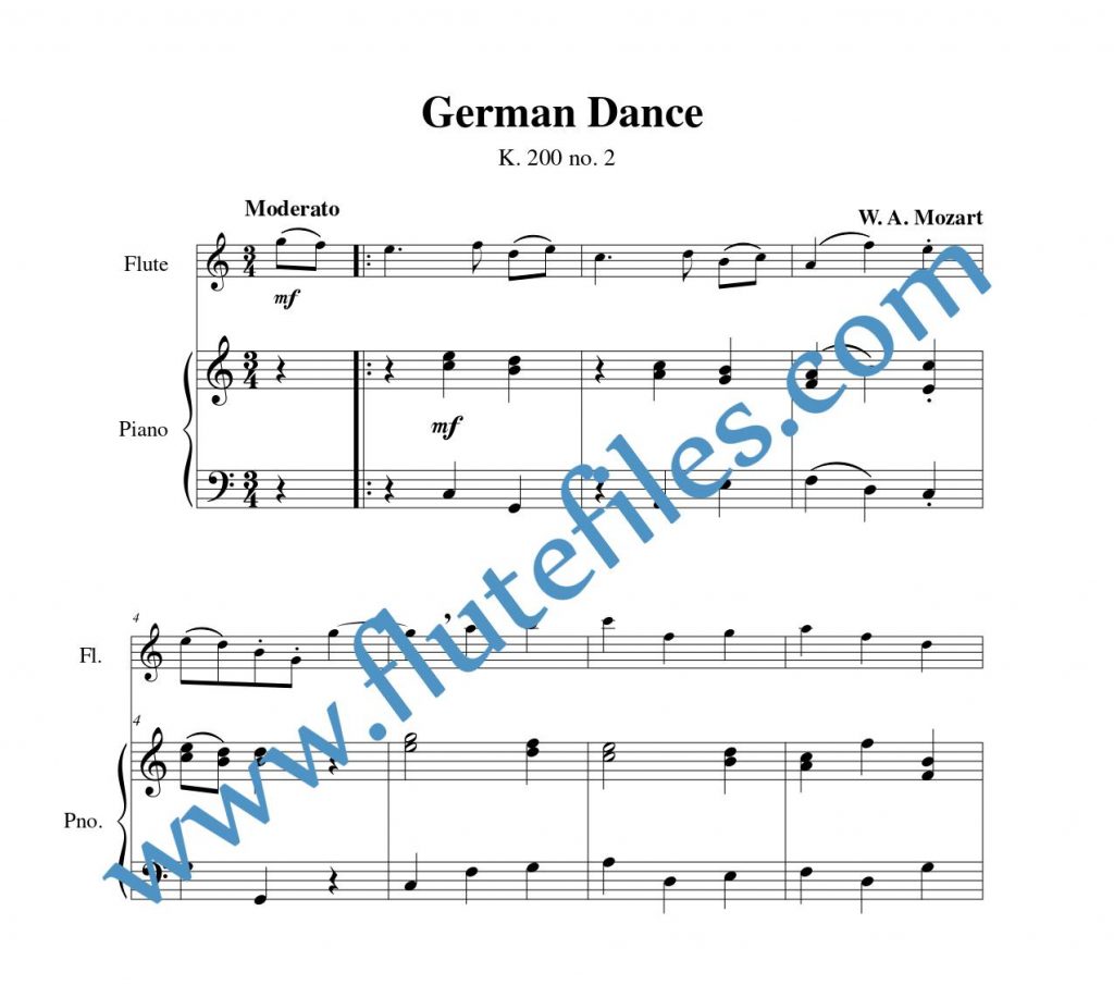 Piano accompaniment part for German Dance, K. 200 no. 2 flute solo sheet music by Mozart