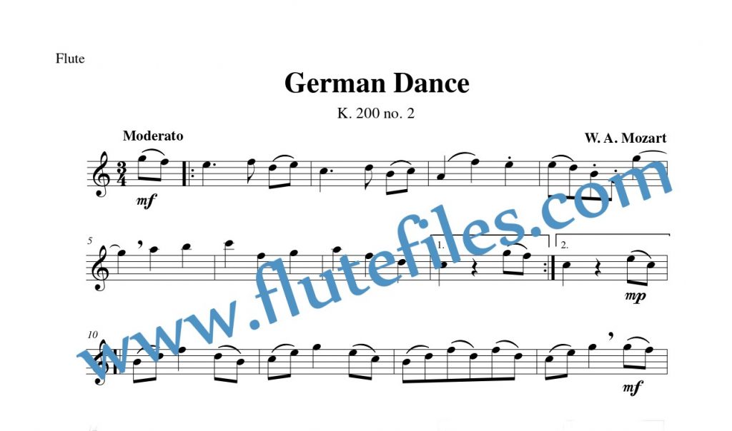 Flute part for German Dance, K. 200 no. 2 flute solo sheet music by Mozart