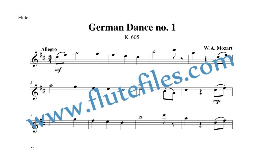 Flute part for German Dance, K. 605 no. 1 flute solo sheet music by Mozart