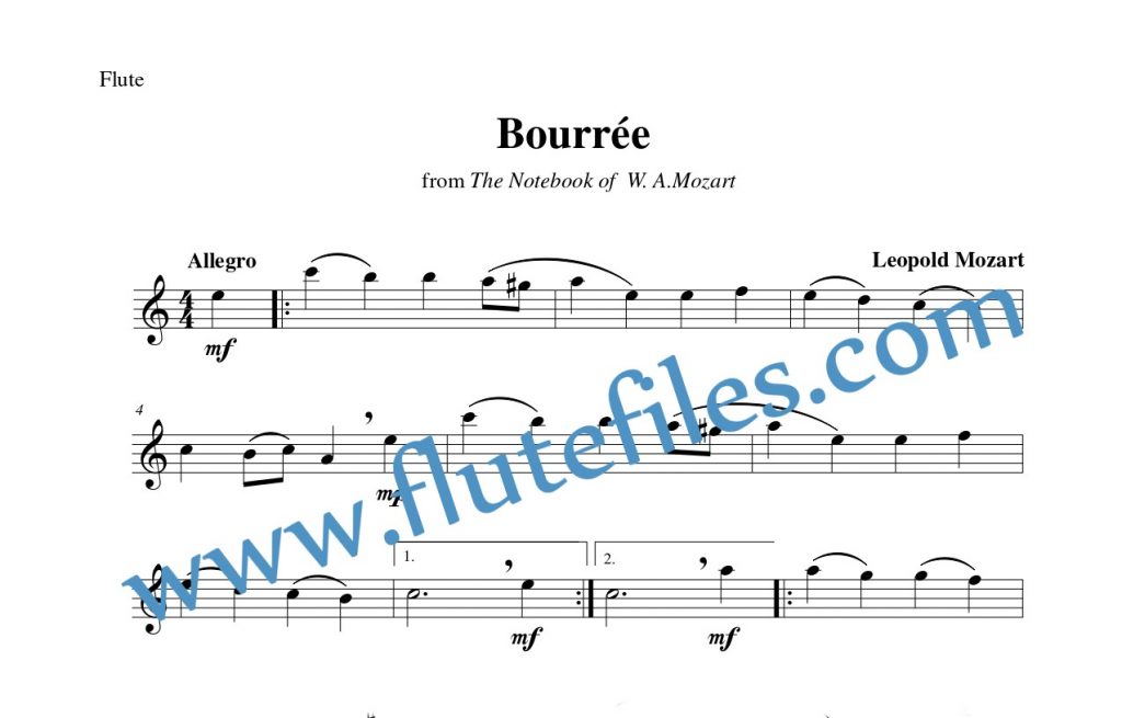 Flute part for Bourrée flute solo sheet music by Leopold Mozart