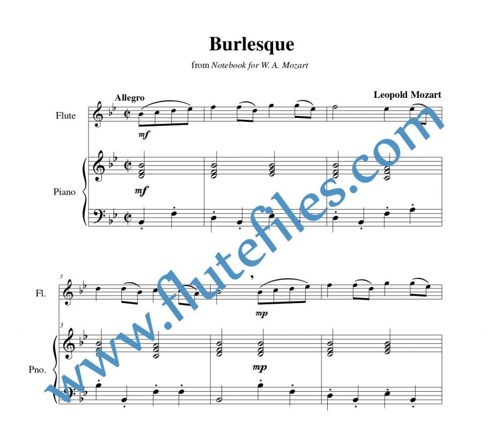 Piano accompaniment part for Burlesque flute solo sheet music by Leopold Mozart