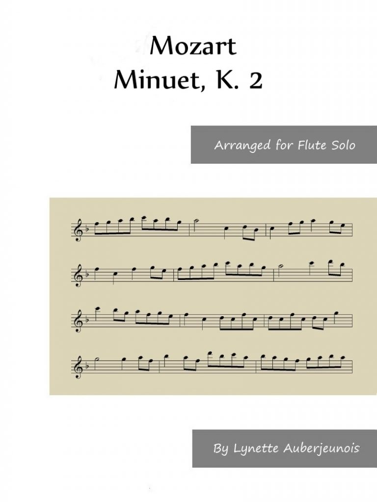 Sheet music cover for Minuet, K. 2 flute solo by Mozart