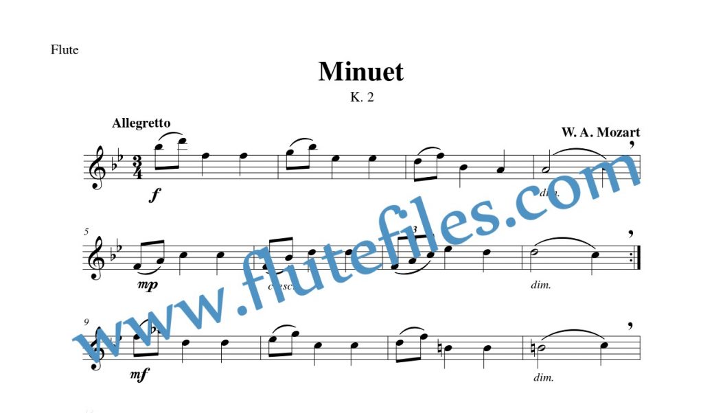 Flute part for Minuet, K. 2 flute solo sheet music by Mozart