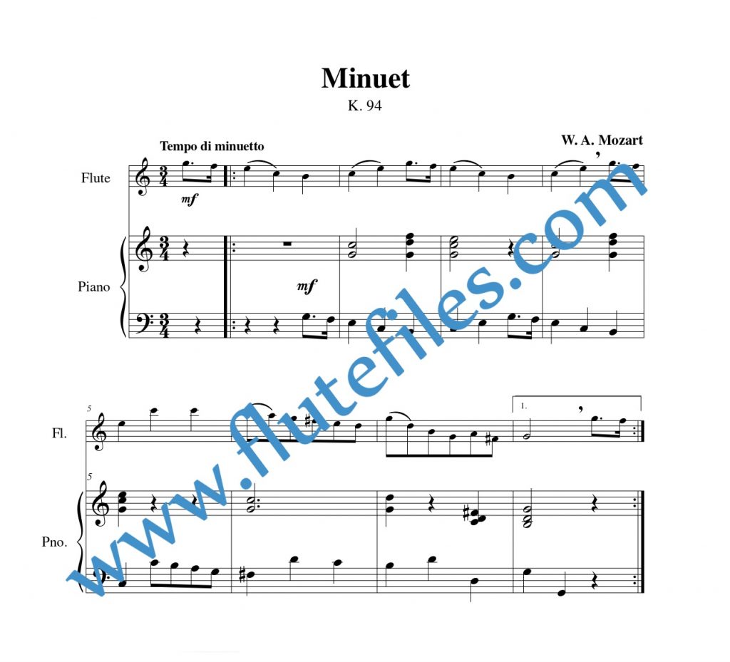 Piano accompaniment part for Minuet, K. 94 flute solo sheet music by Mozart